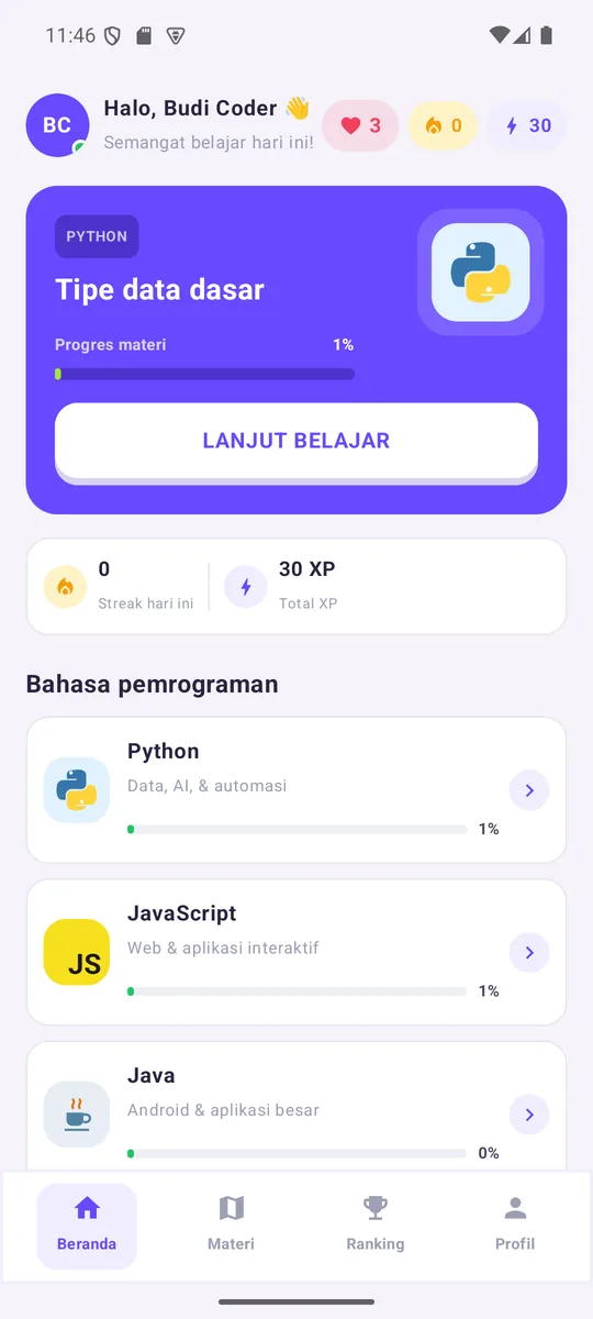 Layar beranda aplikasi NgodingYuk