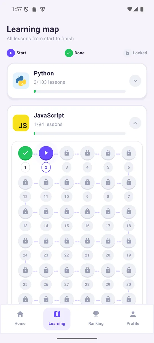 Learning map with a lesson path per language